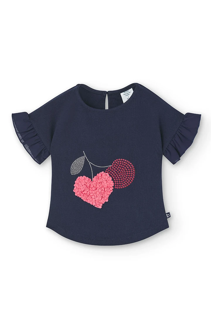 T-shirt à maille élastique pour fille, couleur bleu marine