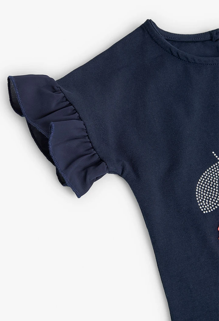 T-shirt à maille élastique pour fille, couleur bleu marine