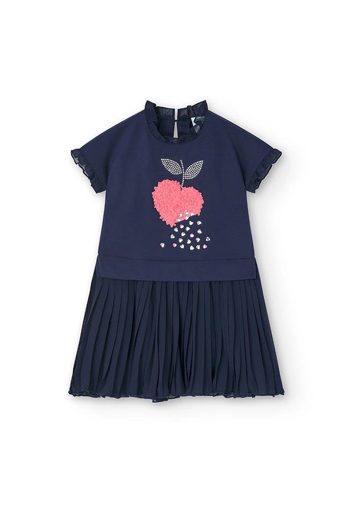 Girl\'s combined knit dress in navy blue