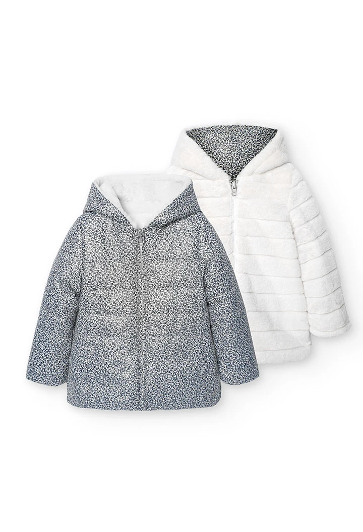 Reversible parka for girls in white with heart print