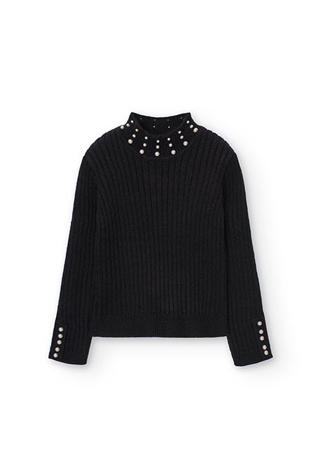 Knitted jumper for girls plain with a semi turtleneck and long sleeves in black