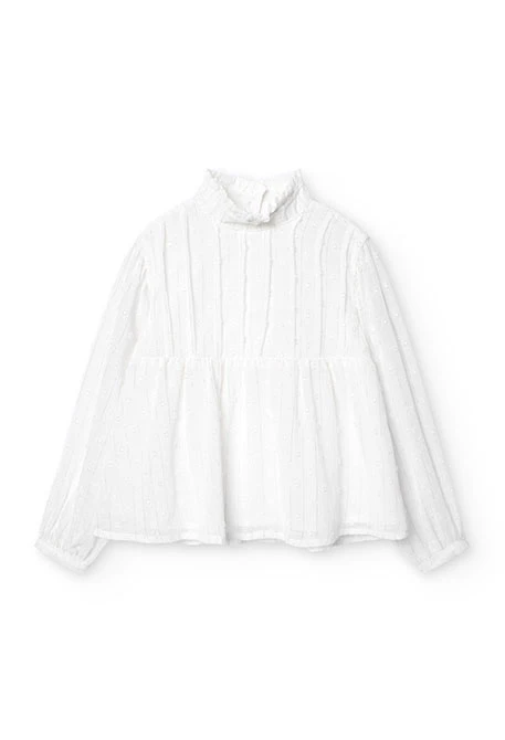 Blusa di garza plumeti di cotone da bambina in bianco