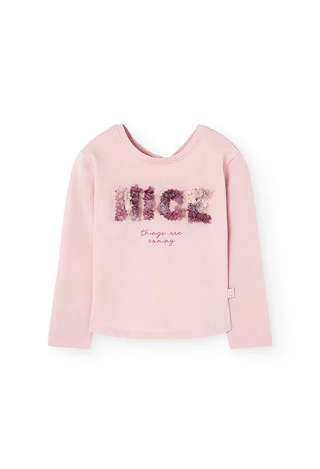 Elastic knit T-shirt for girls in pink