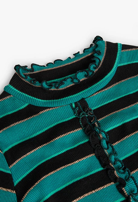 Girl\'s ribbed T-shirt with green and black striped print