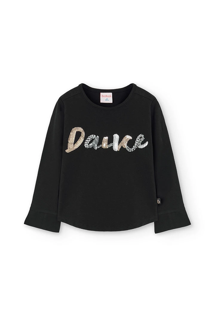 T-shirt de malha de menina em preto estampado \"Dance\"