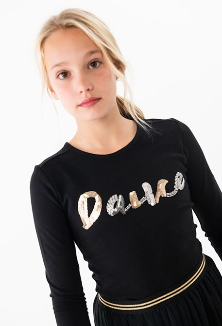 Girl\'s black knit T-shirt with \"Dance\" print