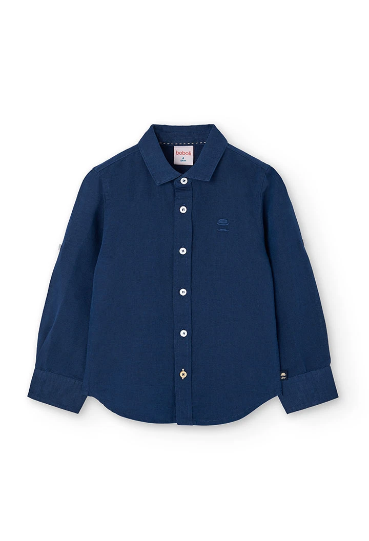 Camisa de lino para niño en color azul marino de manga larga