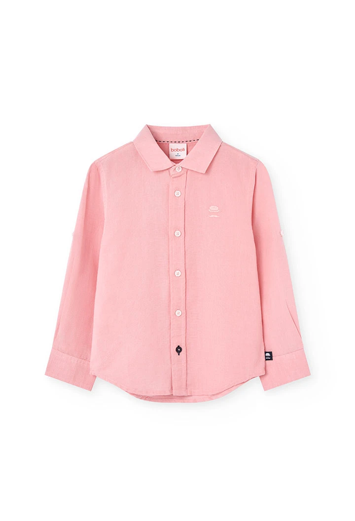 Chemise en lin pour garçon de couleur rose à manches longues.