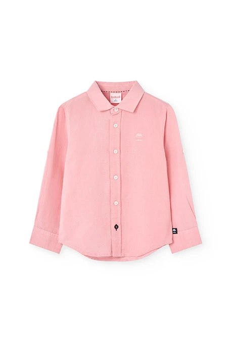 Leinenhemd für Jungen in Rosa mit langen Ärmeln.