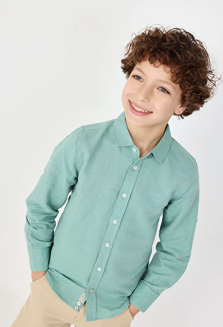 Camicia di lino per bambino in colore verde a maniche lunghe