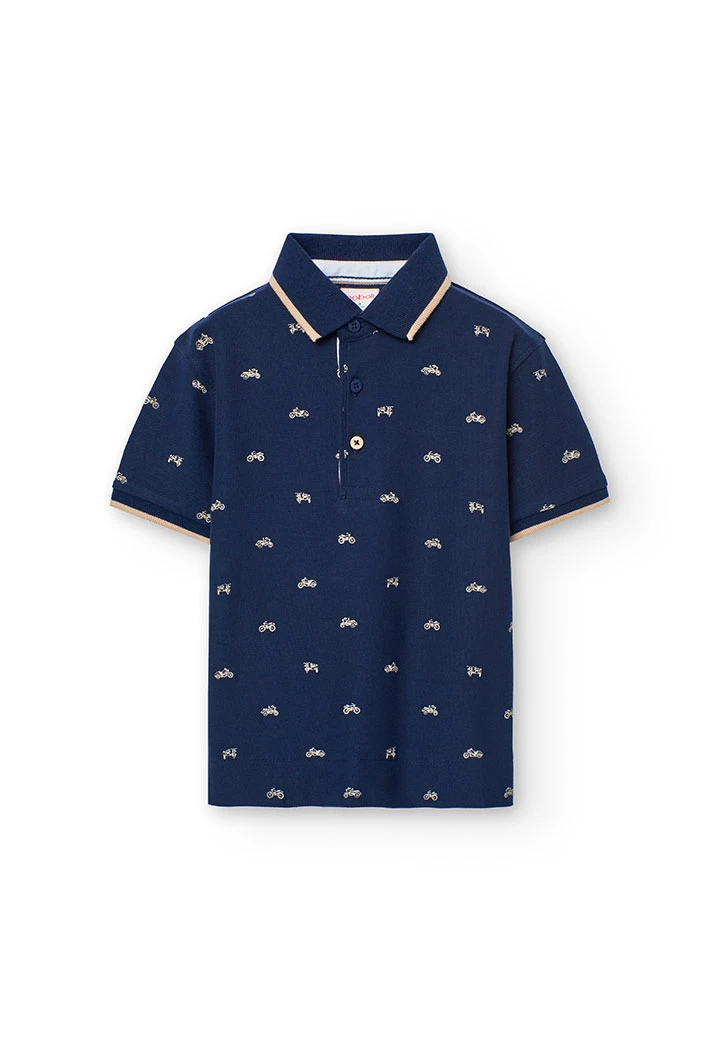 Polo piqué para criança com estampado em azul-marinho