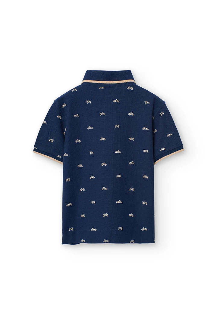 Polo piqué para criança com estampado em azul-marinho