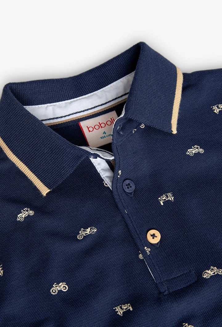 Polo piqué para criança com estampado em azul-marinho