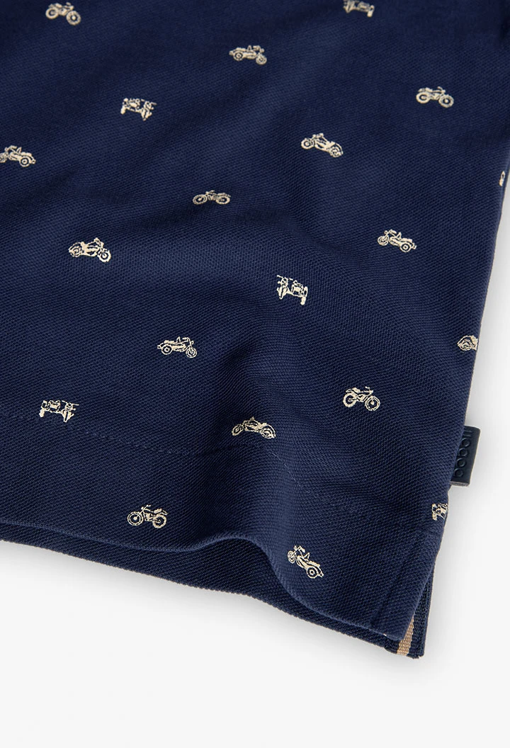 Polo piqué para criança com estampado em azul-marinho