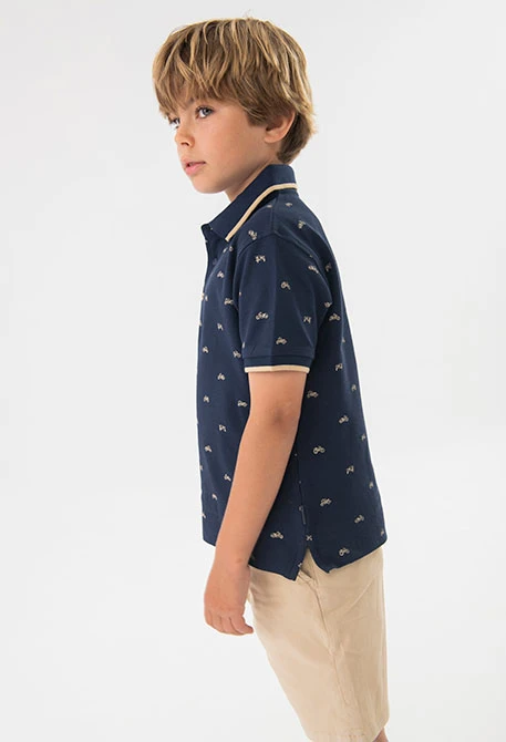 Polo piqué para criança com estampado em azul-marinho