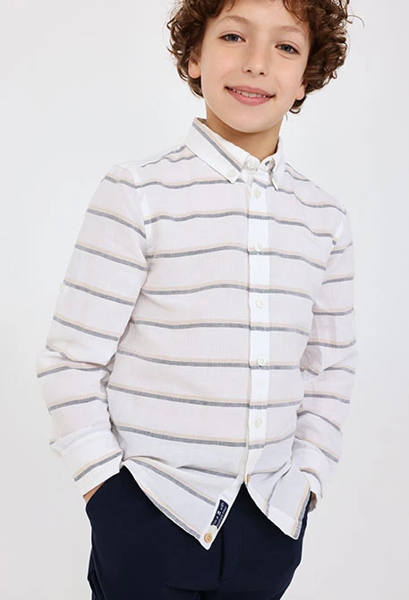 Camicia di lino per bambino a righe in bianco e grigio