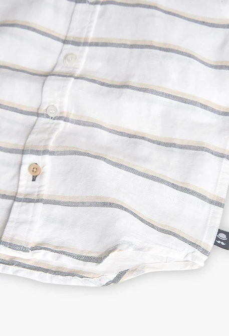 Camisa de lino para niño listada en color blanco y gris