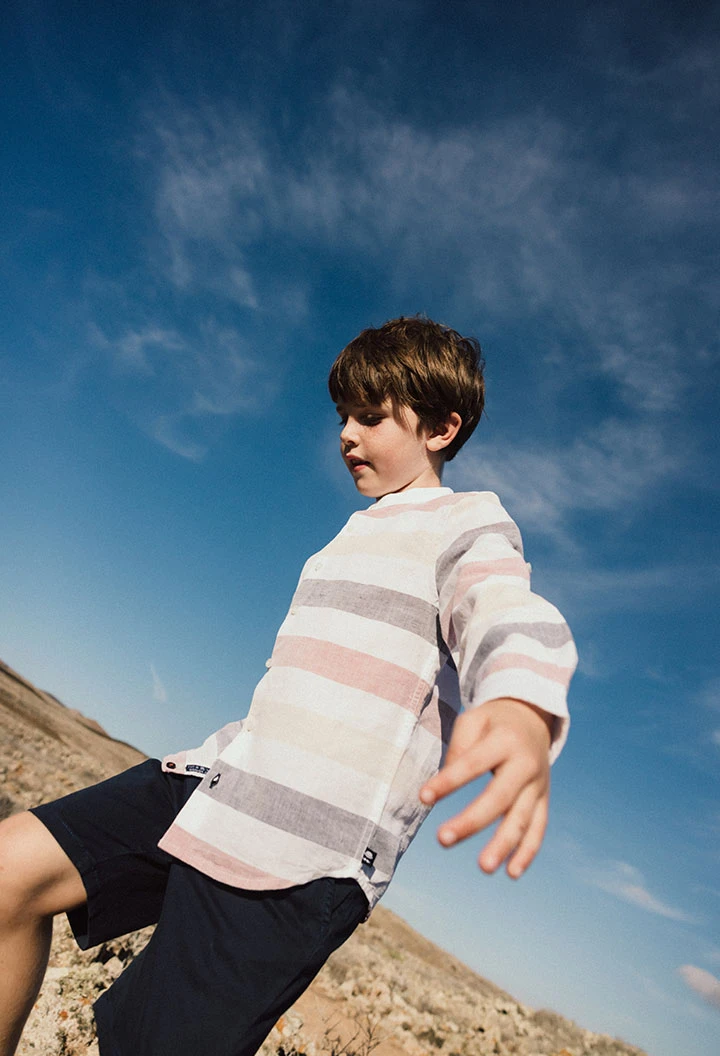 Boy\'s linen shirt in white with multicoloured stripe design