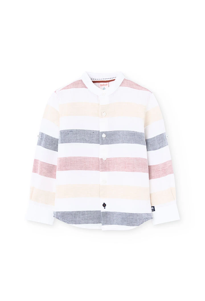 Chemise en lin pour garçon de couleur blanche avec un motif à rayures multicolores.