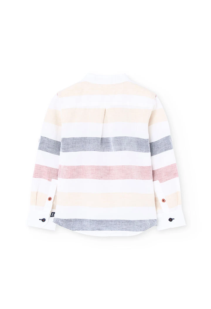 Chemise en lin pour garçon de couleur blanche avec un motif à rayures multicolores.