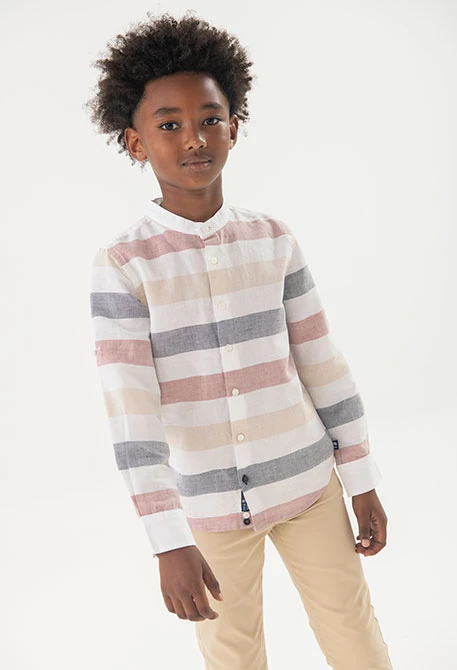 Boy\'s linen shirt in white with multicoloured stripe design