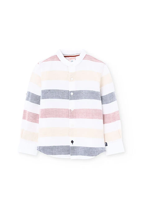 Camicia di lino per bambino in colore bianco con design a righe multicolore