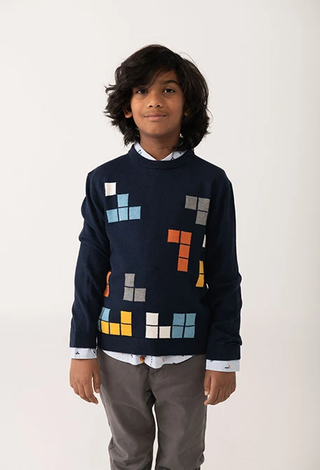 Pull garçon imprimé géométrique bleu