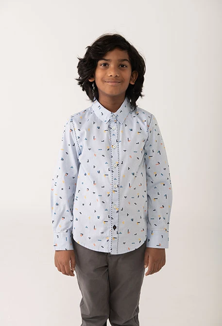 Camisa menino oxford estampada azul