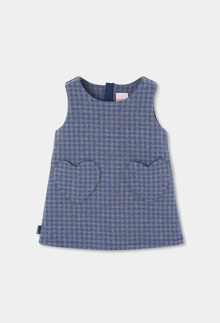Blau kariertes Strickträgerkleid mit Herztaschen