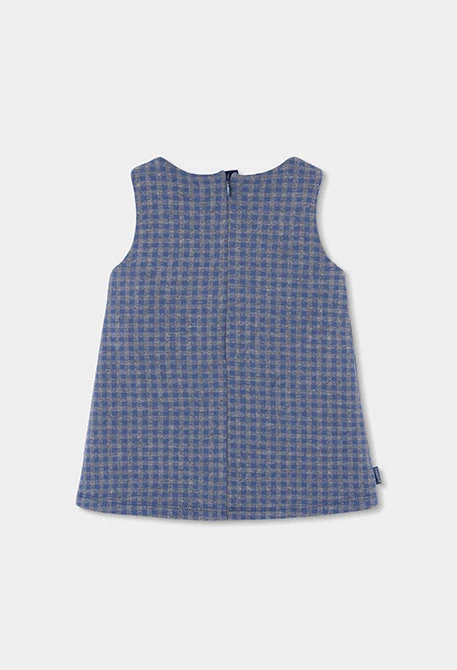 Blau kariertes Strickträgerkleid mit Herztaschen