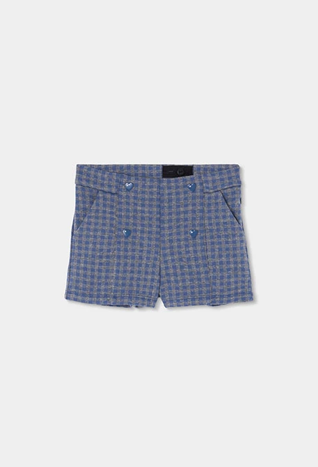 Blue checked knit Bermuda shorts with hearts
