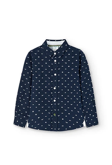 Boy\'s printed poplin shirt in navy blue