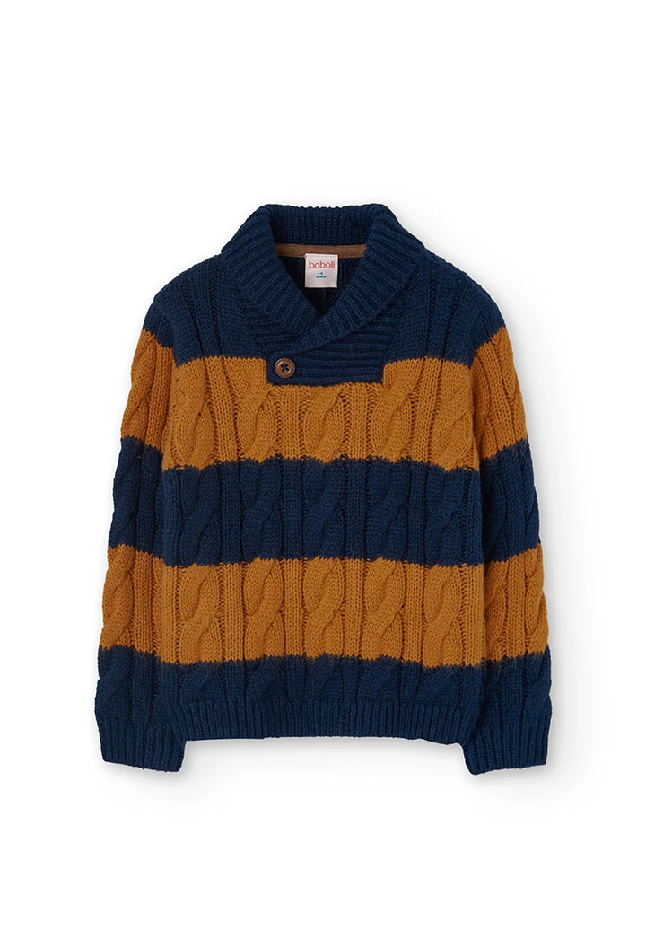 Knitted jumper for boy, striped in navy blue and orange