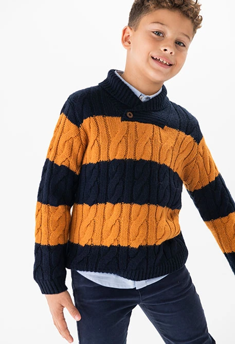 Knitted jumper for boy, striped in navy blue and orange