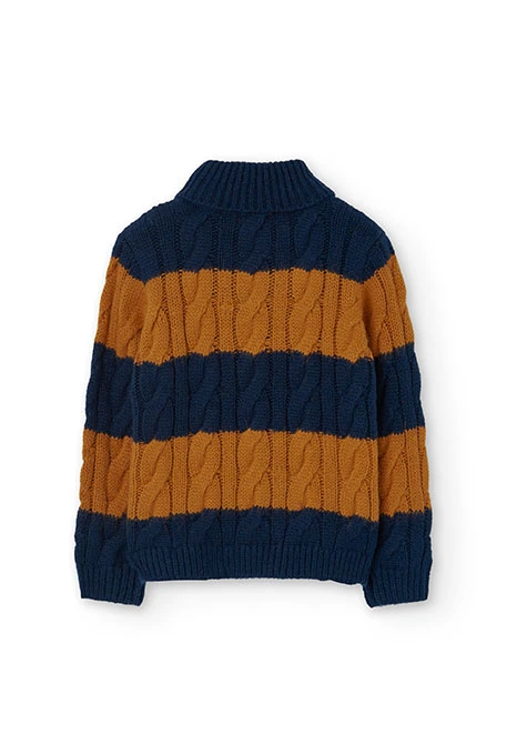 Pull en tricot pour garçon rayé en bleu marine et orange.