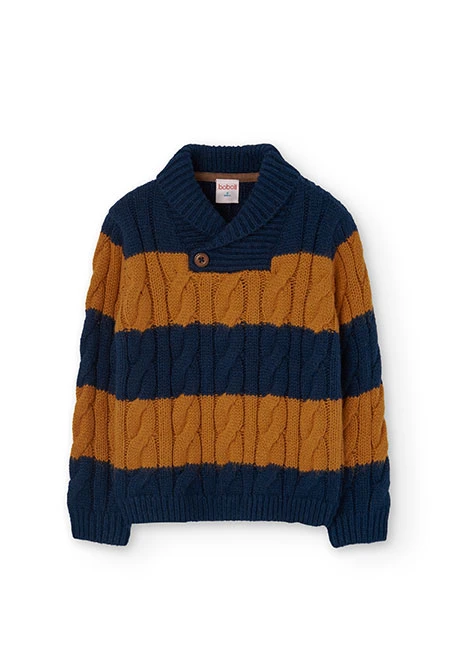 Pull en tricot pour garçon rayé en bleu marine et orange.