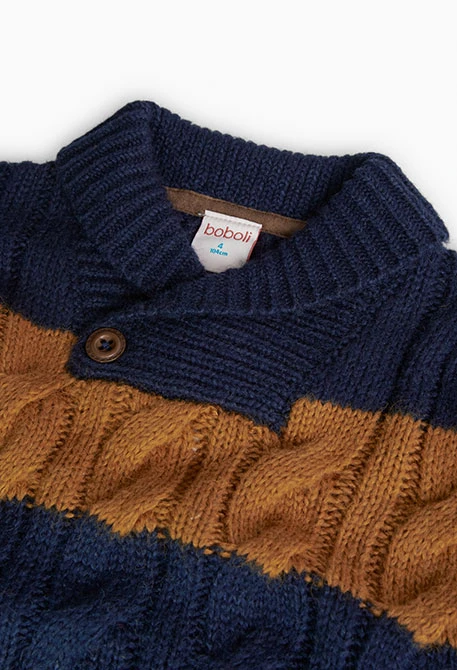 Knitted jumper for boy, striped in navy blue and orange