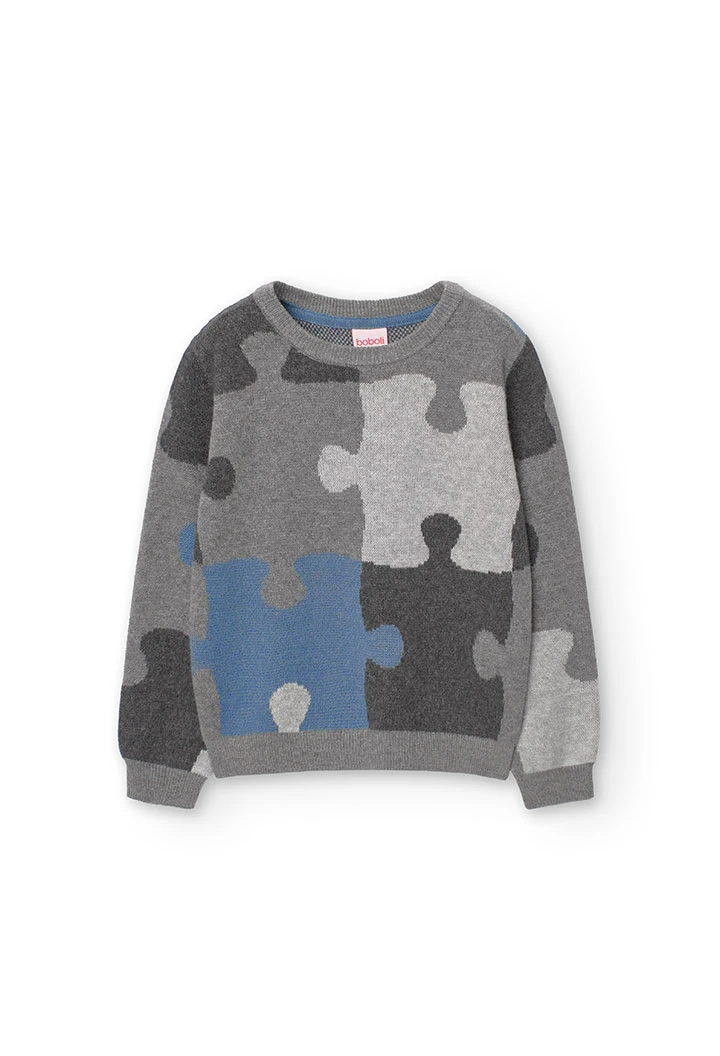 Jersey de tricotosa para niño con estampado de puzzle en gris oscuro