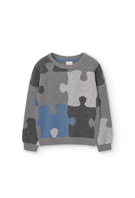 Knitted jumper for boys with puzzle print in dark grey