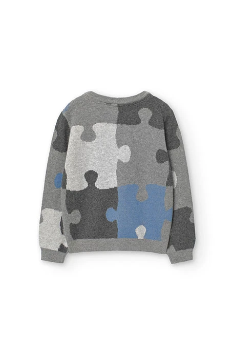 Knitted jumper for boys with puzzle print in dark grey