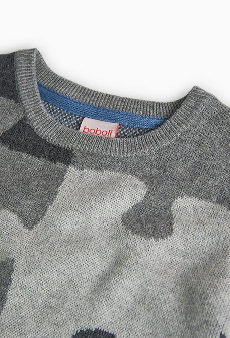 Knitted jumper for boys with puzzle print in dark grey