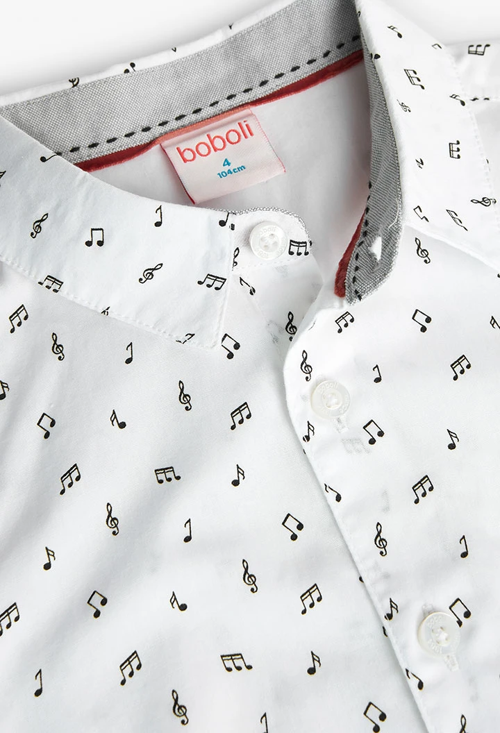 Camicia bambino in popeline con stampa di note musicali grigio chiaro