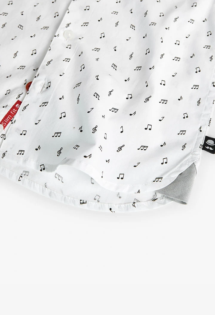 Camisa popelín para niño estampada con notas musicales en gris claro