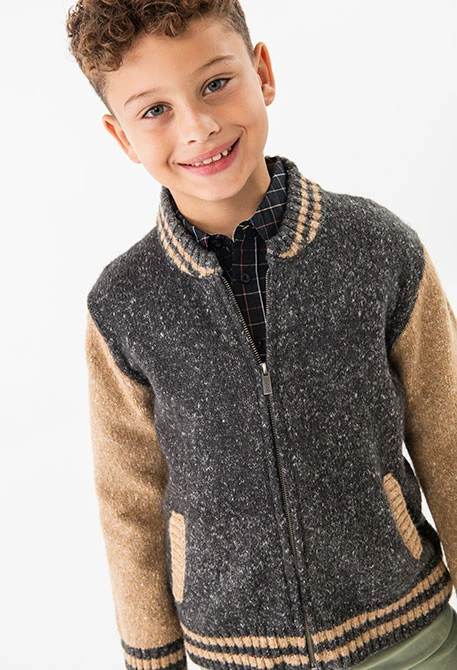 Knitted bomber jacket for boys in dark grey