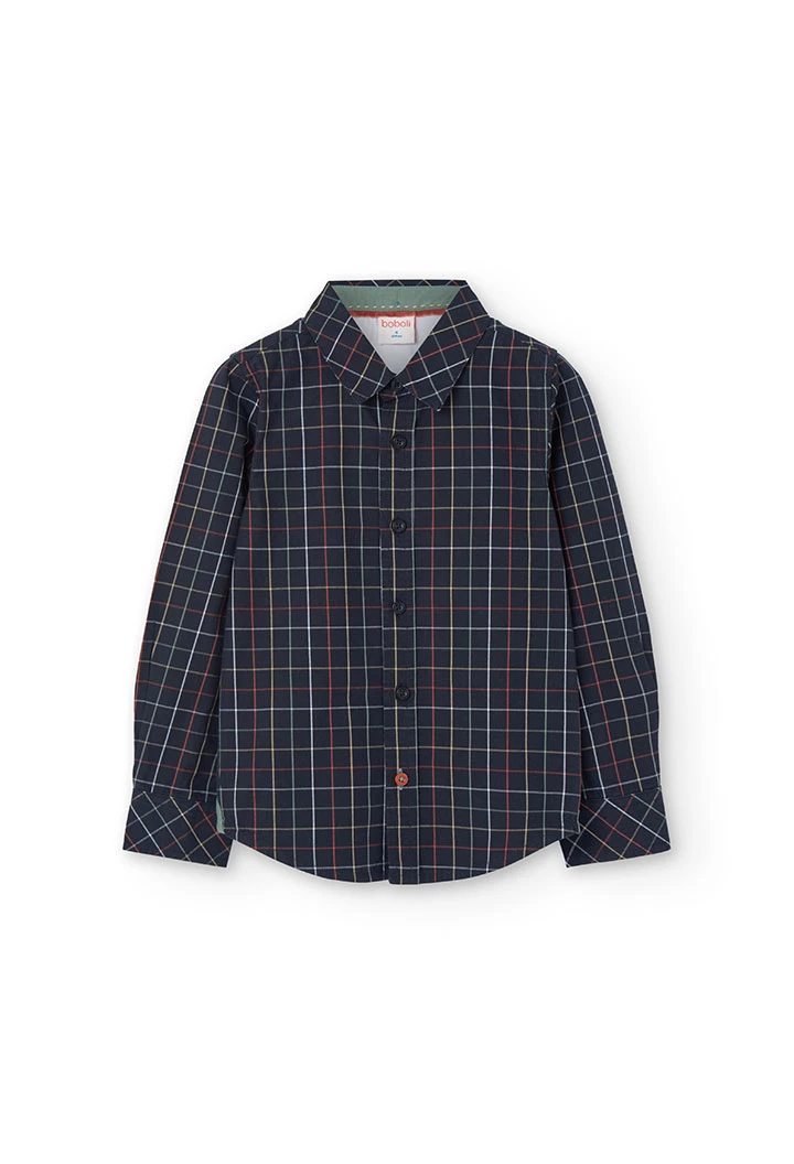 Poplin shirt for boys with dark-coloured check pattern