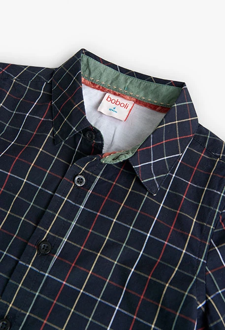 Poplin shirt for boys with dark-coloured check pattern