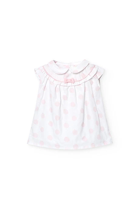 Vestido de popelina para bebé menina com estampado de bolas em branco e rosa