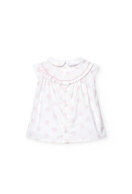 Vestido de popelina para bebé menina com estampado de bolas em branco e rosa
