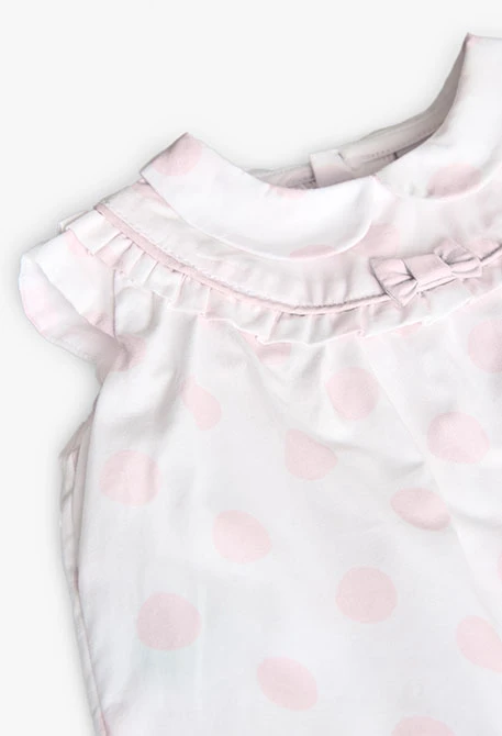 Vestido de popelina para bebé menina com estampado de bolas em branco e rosa