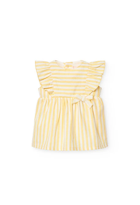 Vestido de popeline de bebé menina listado em cor amarela